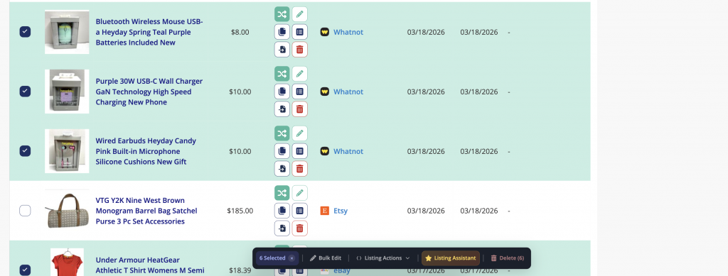 Bulk action tool bar for using Listing Assistant on existing listings